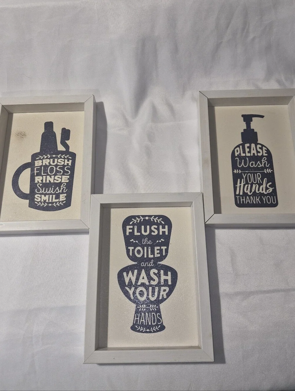 Bathroom Wall Art Set - White Frames with Navy Typography